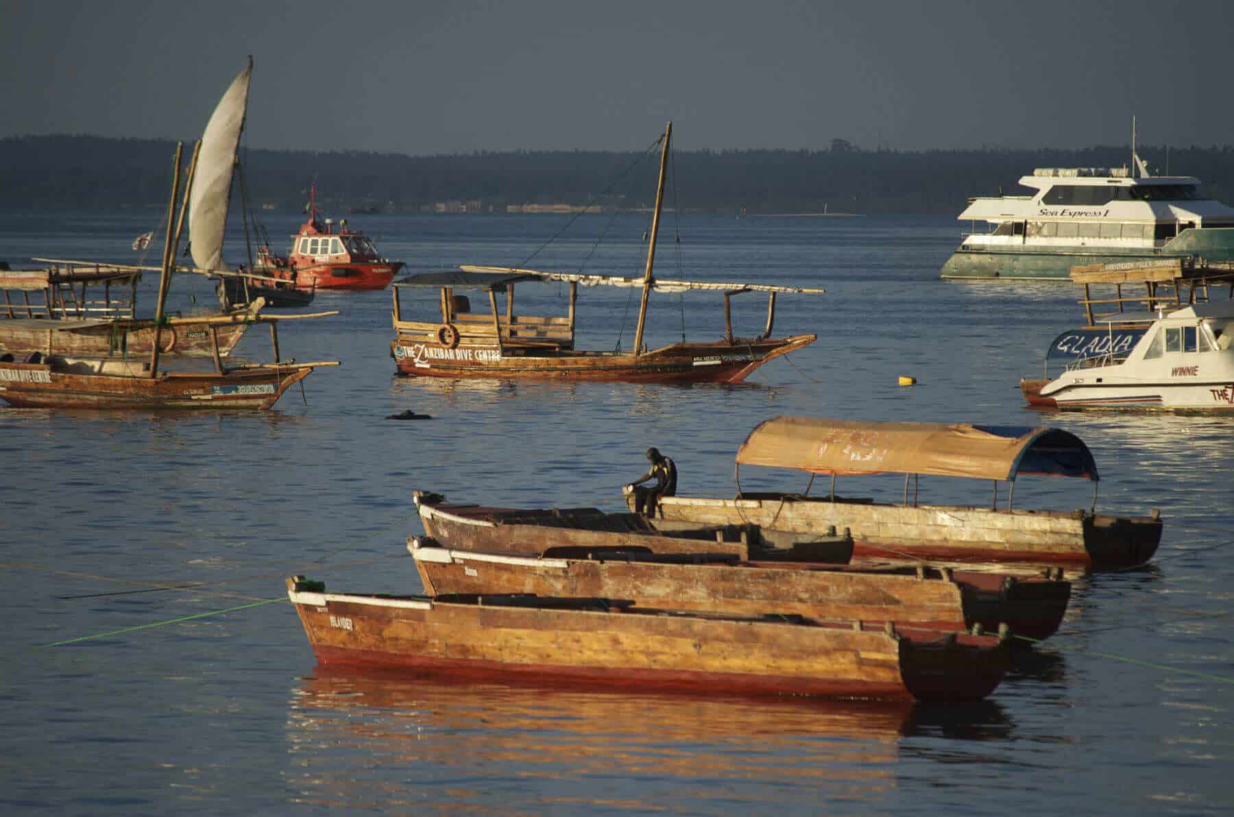 A bay in Zanzibar with several boat in the water